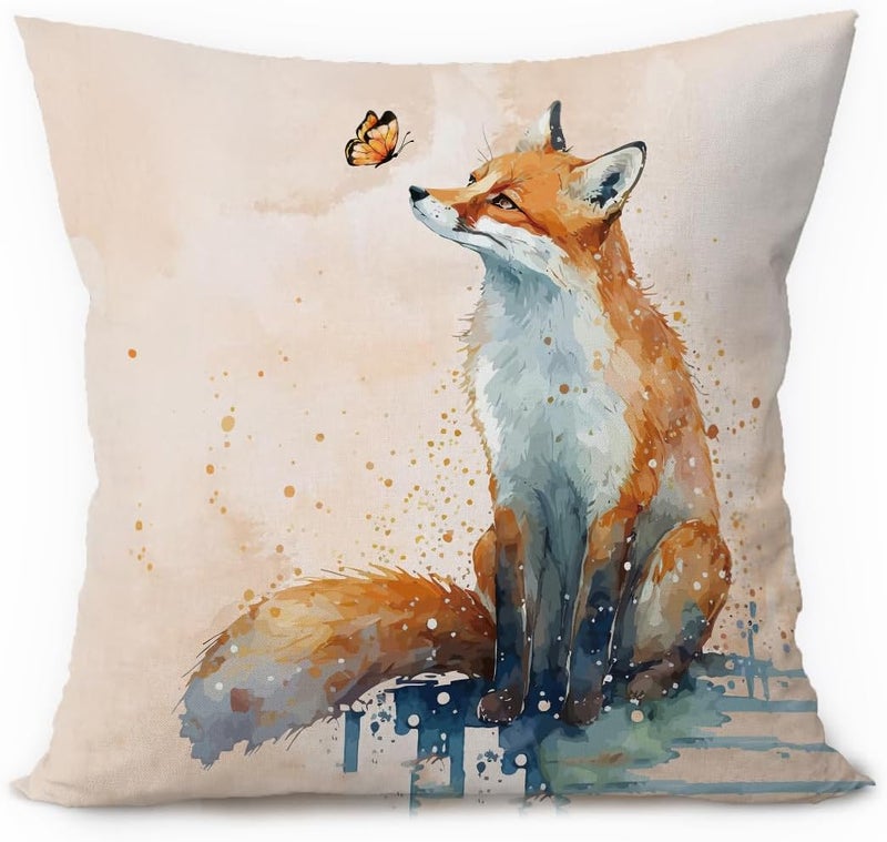 ETVISO Fox Decor Pillow Cover 18x18, Watercolor Fox Animal Butterfly Decorative Throw Pillow Case for Bedroom Living Room Home - Image 1